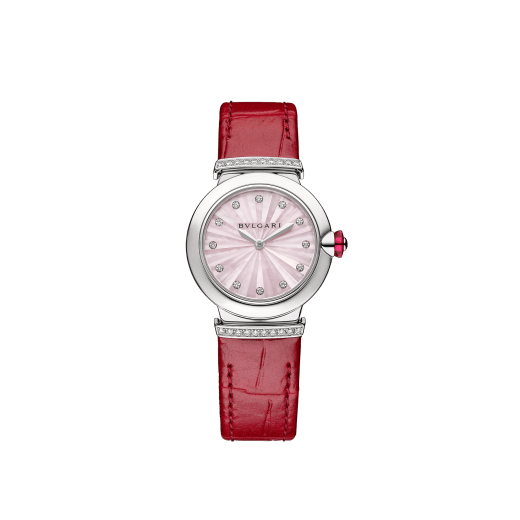 Bvlgari Lvcea Intarsio Diamonds Mother of Pearl Pink Dial Red Leather Strap Watch for Women - LVCEA103619