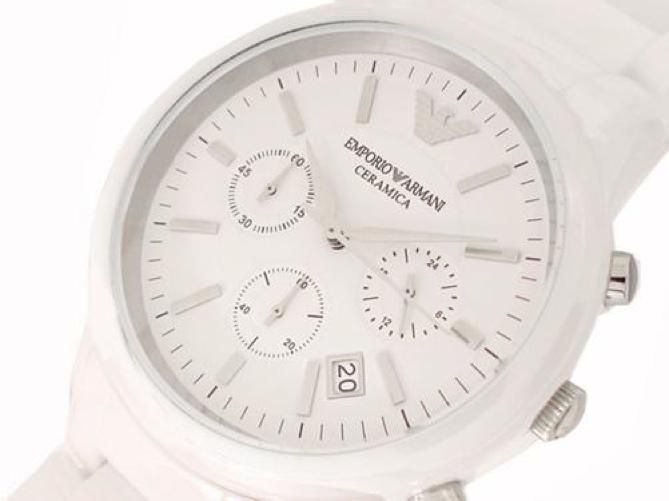 Emporio Armani Ceramica Chronograph White Dial White Steel Strap Watch For Men - AR1453