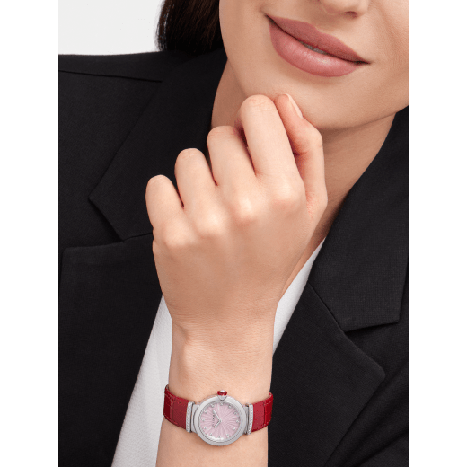 Bvlgari Lvcea Intarsio Diamonds Mother of Pearl Pink Dial Red Leather Strap Watch for Women - LVCEA103619