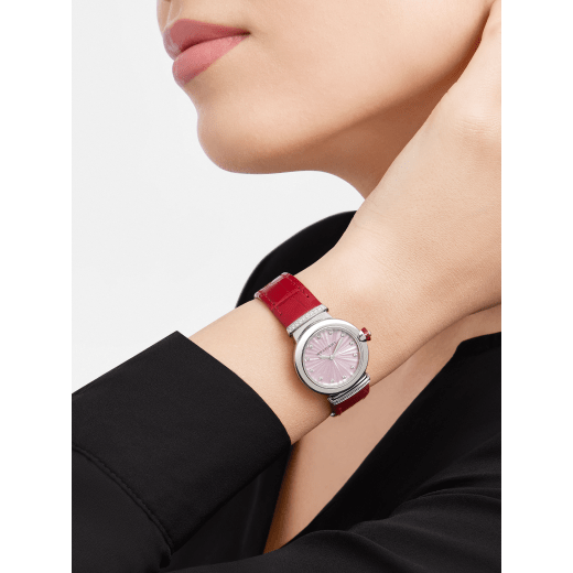 Bvlgari Lvcea Intarsio Diamonds Mother of Pearl Pink Dial Red Leather Strap Watch for Women - LVCEA103619