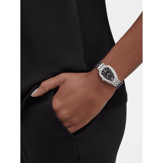 Bvlgari Serpenti Seduttori Diamonds Black Dial Silver Steel Strap Watch for Women - SERPENTI103449