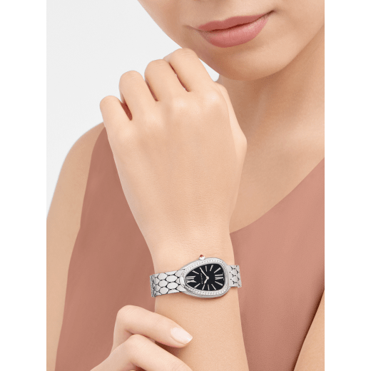 Bvlgari Serpenti Seduttori Diamonds Black Dial Silver Steel Strap Watch for Women - SERPENTI103449