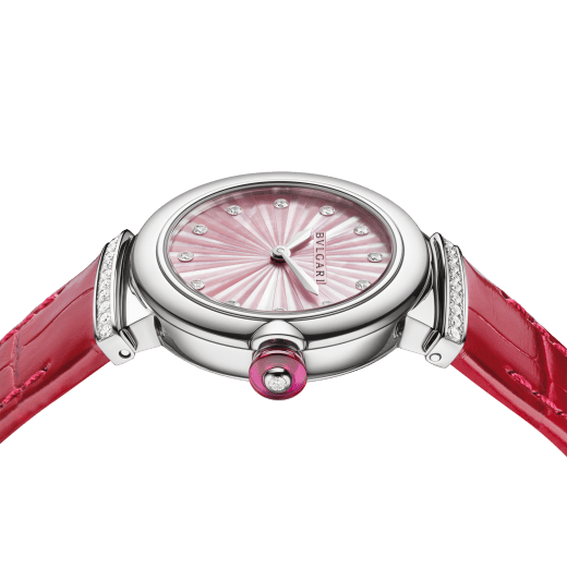 Bvlgari Lvcea Intarsio Diamonds Mother of Pearl Pink Dial Red Leather Strap Watch for Women - LVCEA103619