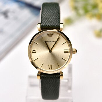 Emporio Armani Retro Champagne Beige Dial Green Leather Strap Watch For Women - AR1726