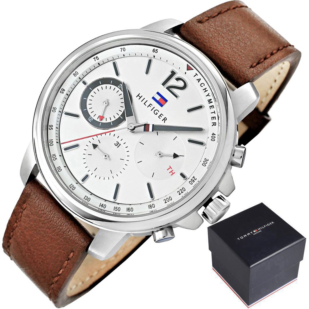 Tommy Hilfiger Landon Chronograph Quartz White Dial Brown Leather Strap Watch for Men - 1791531