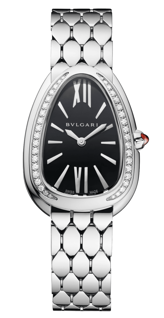 Bvlgari Serpenti Seduttori Diamonds Black Dial Silver Steel Strap Watch for Women - SERPENTI103449