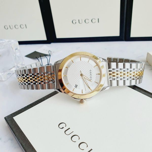 Gucci G Timeless Quartz Silver Dial Two Tone Mesh Bracelet Watch For Men - YA126409
