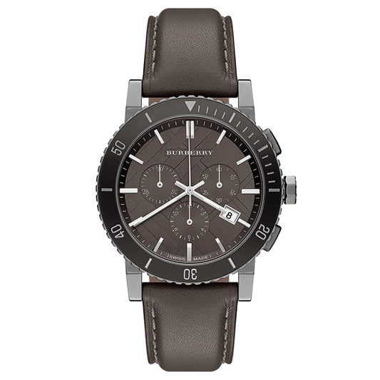 Burberry The City Chronograph Ion Plated Grey Dial Grey Leather Strap Watch for Men - BU9384