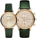 Emporio Armani Retro Champagne Beige Dial Green Leather Strap Watch For Women - AR1726