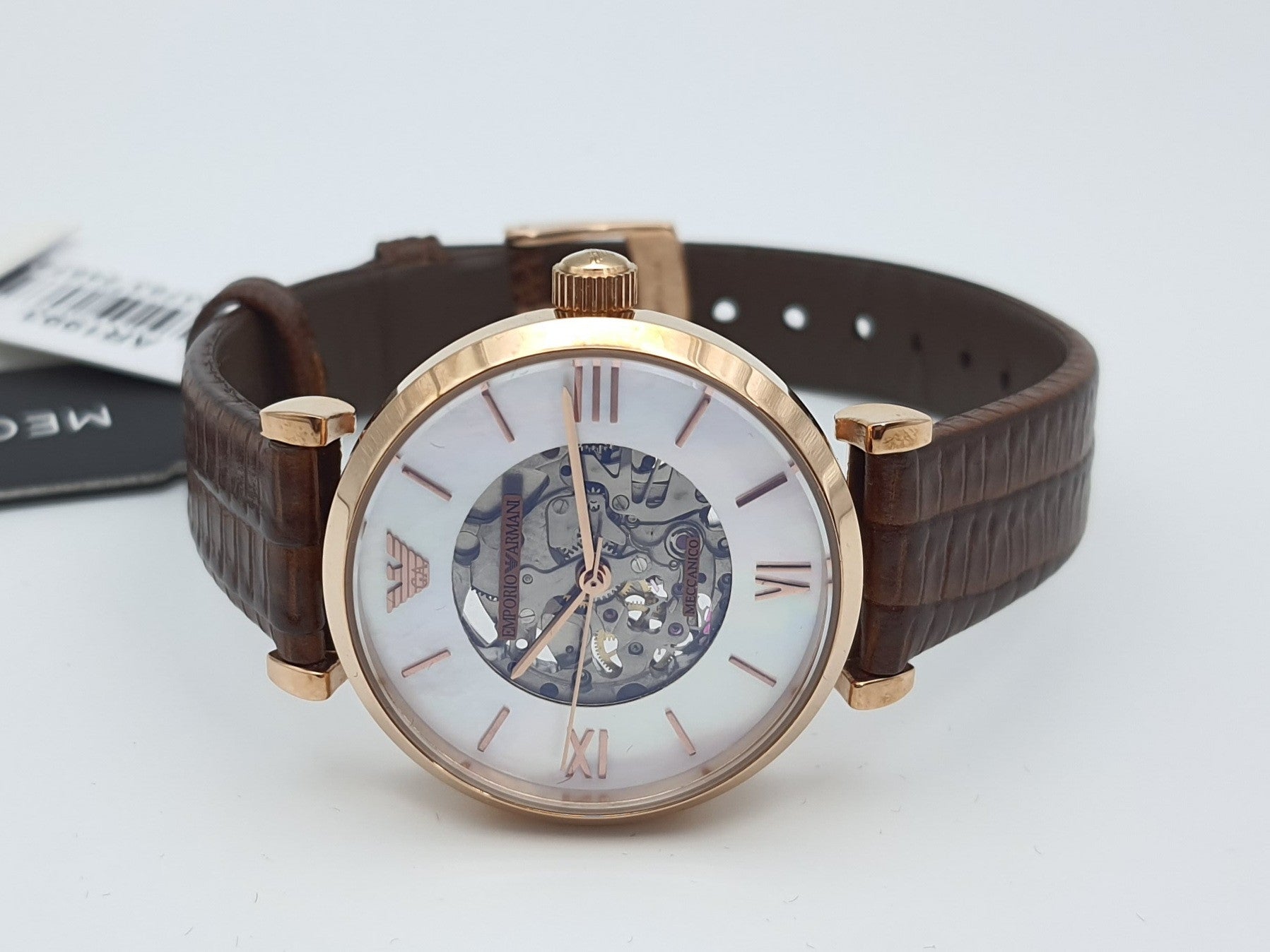 Emporio Armani Meccanico Mother of Pearl Skeleton Dial Brown Leather Strap Watch For Women - AR1993