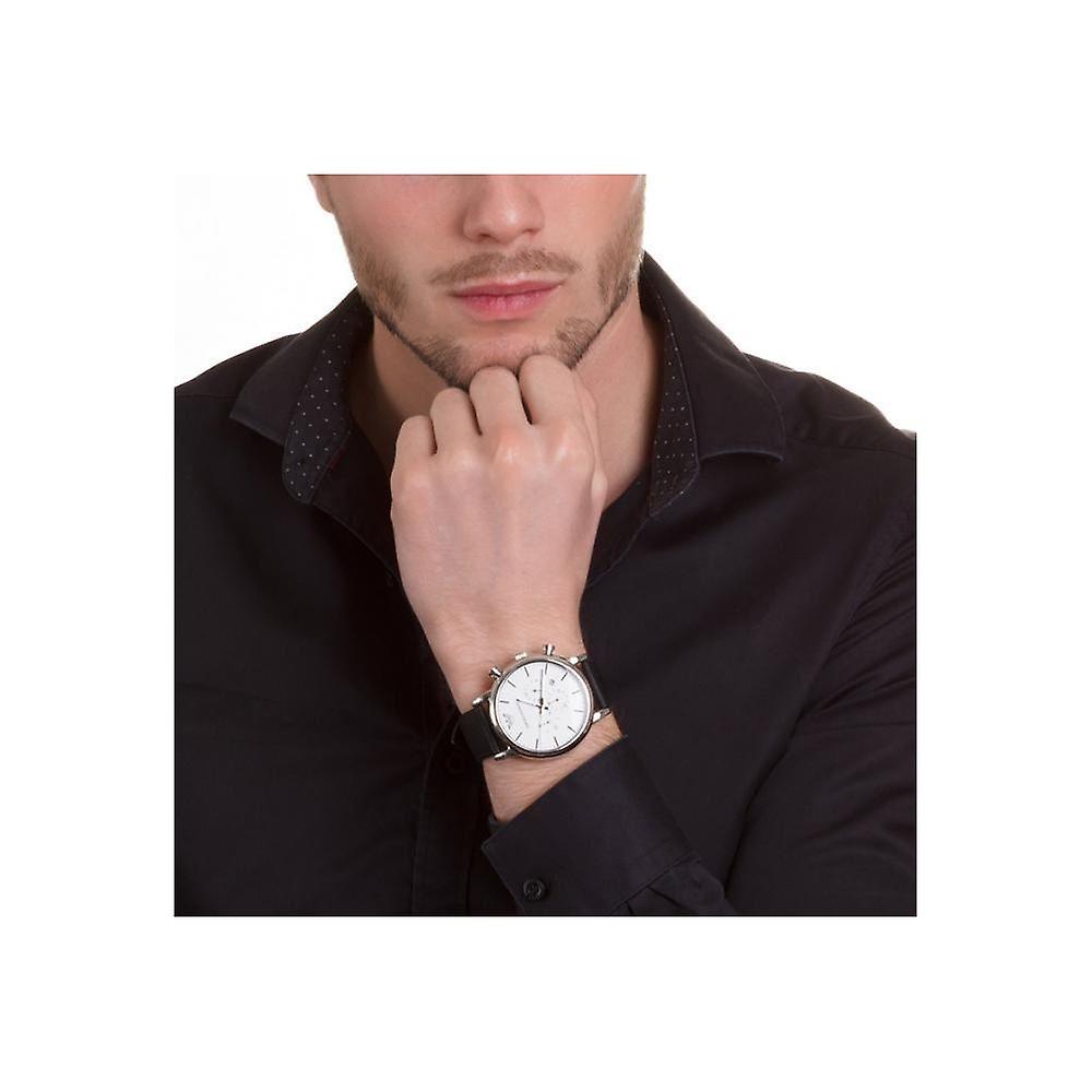 Emporio Armani Classic Quartz Chronograph White Dial Black Leather Strap Watch For Men - AR1807