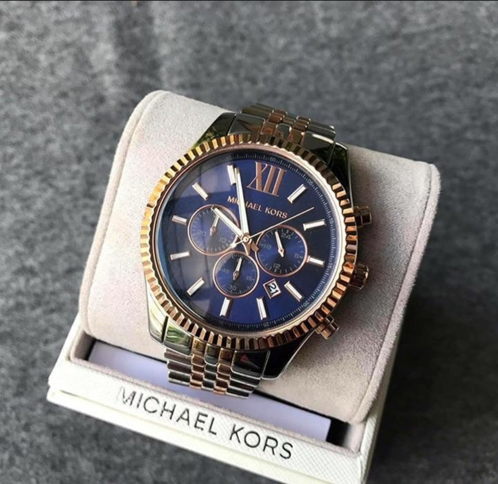 Michael Kors Lexington Blue Dial Two Tone Steel Strap Watch for Men - MK8412