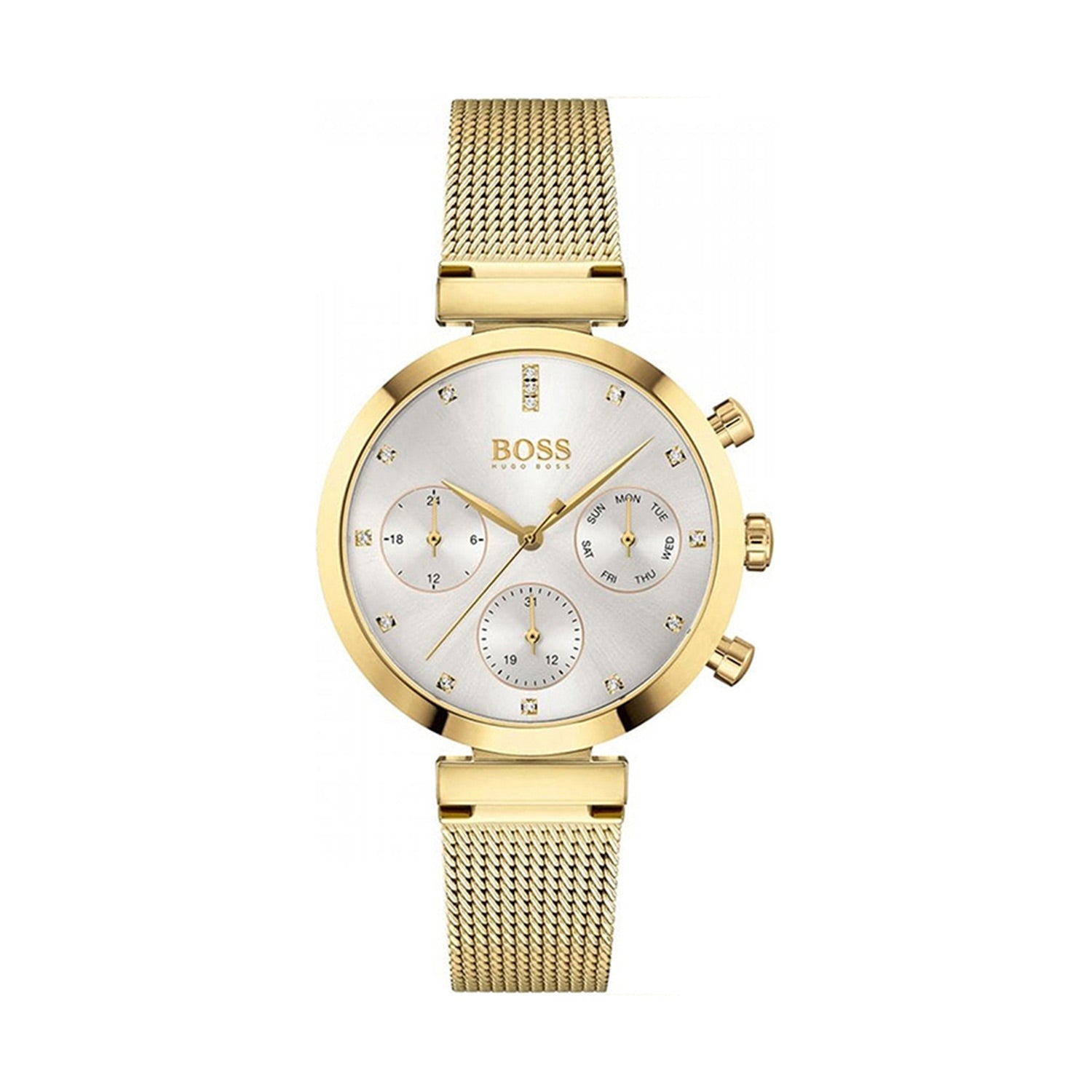 Hugo Boss Flawless Chronograph Silver Dial Gold Mesh Bracelet Watch for Women - 1502552