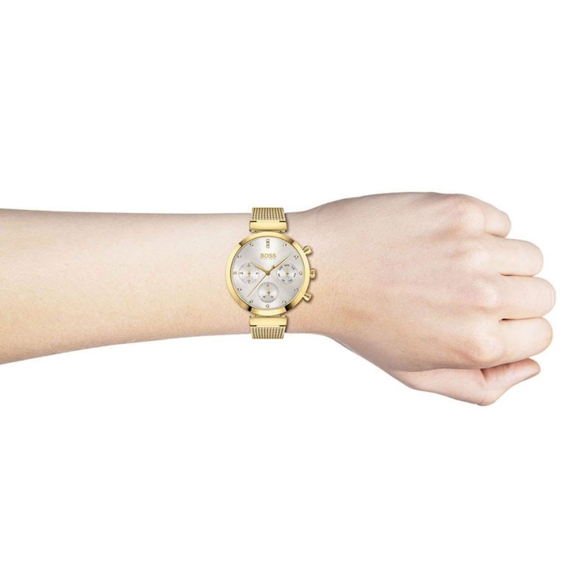 Hugo Boss Flawless Chronograph Silver Dial Gold Mesh Bracelet Watch for Women - 1502552