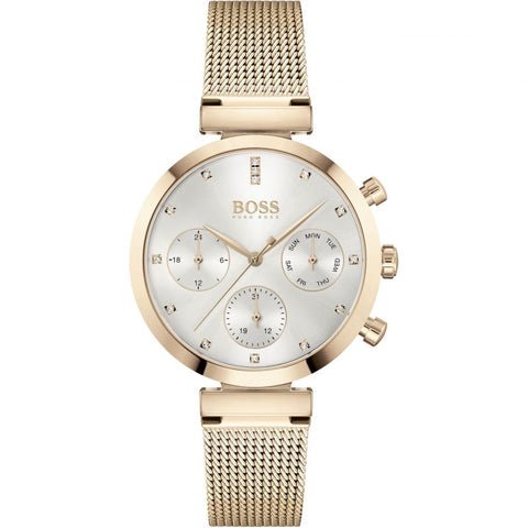 Hugo Boss Flawless Chronograph Silver Dial Gold Mesh Bracelet Watch for Women - 1502553