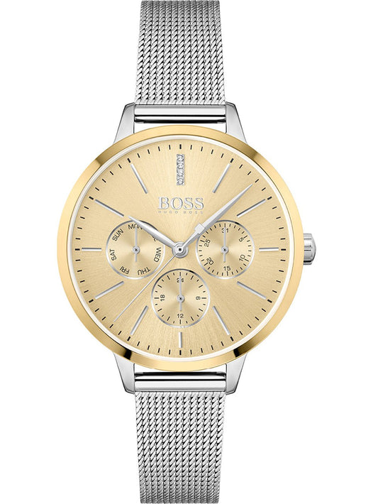 Hugo Boss Symphony Gold Dial Silver Mesh Bracelet Watch for Women - 1502600