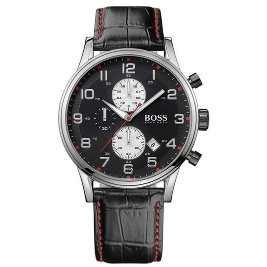 Hugo Boss Aeroliner Black Dial Black Leather Strap Watch for Men - 1512631