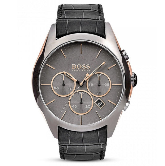 Hugo Boss Onyx Grey Dial Black Leather Strap Watch for Men - 1513366