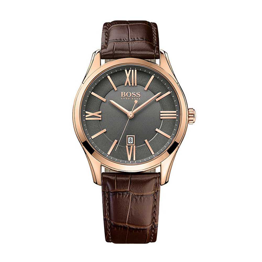 Hugo Boss Ambassador Grey Dial Brown Leather Strap Watch for Men - 1513387