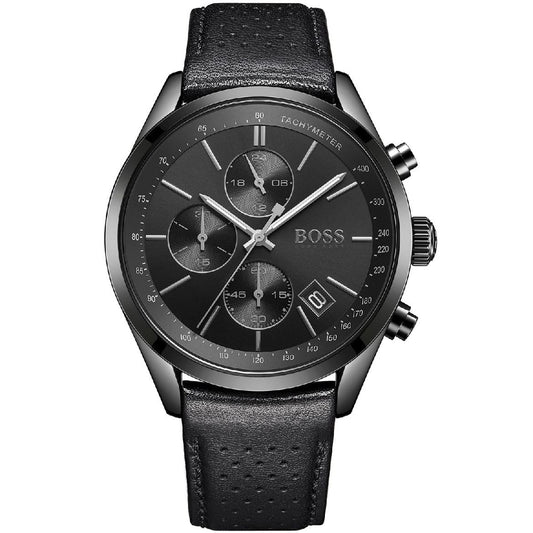 Hugo Boss Grand Prix Black Dial Black Leather Strap Watch for Men - 1513474