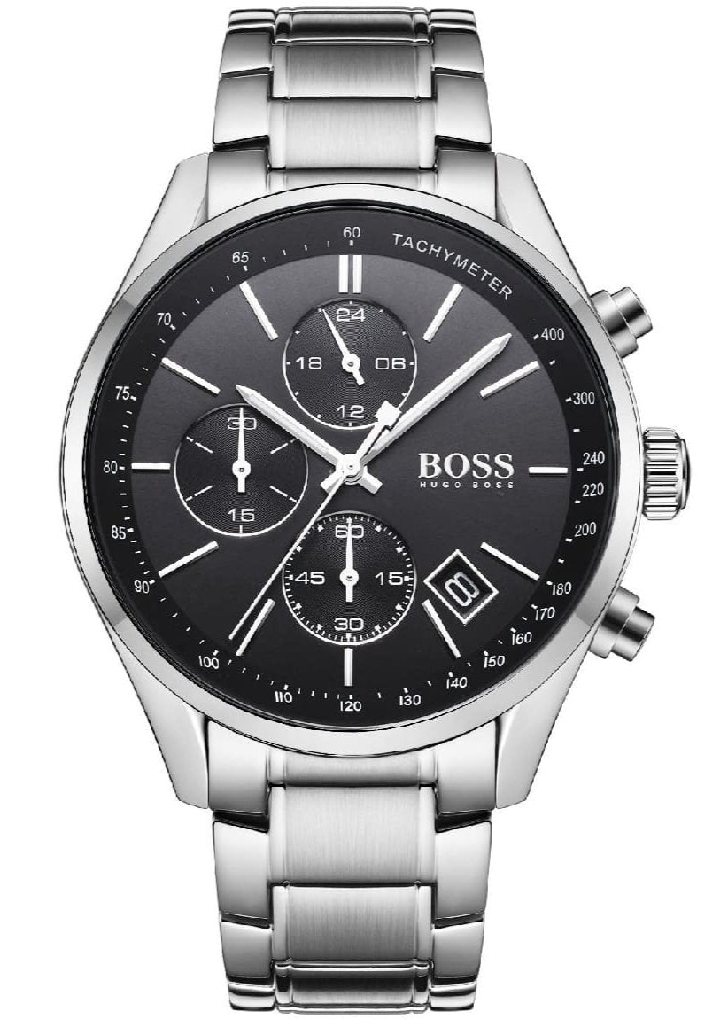 Hugo Boss Grand Prix Black Dial Silver Steel Strap Watch for Men - 1513477