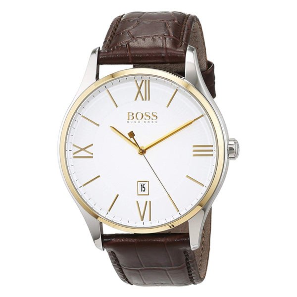 Hugo Boss Classic White Dial Brown Leather Strap Watch for Men - 1513486