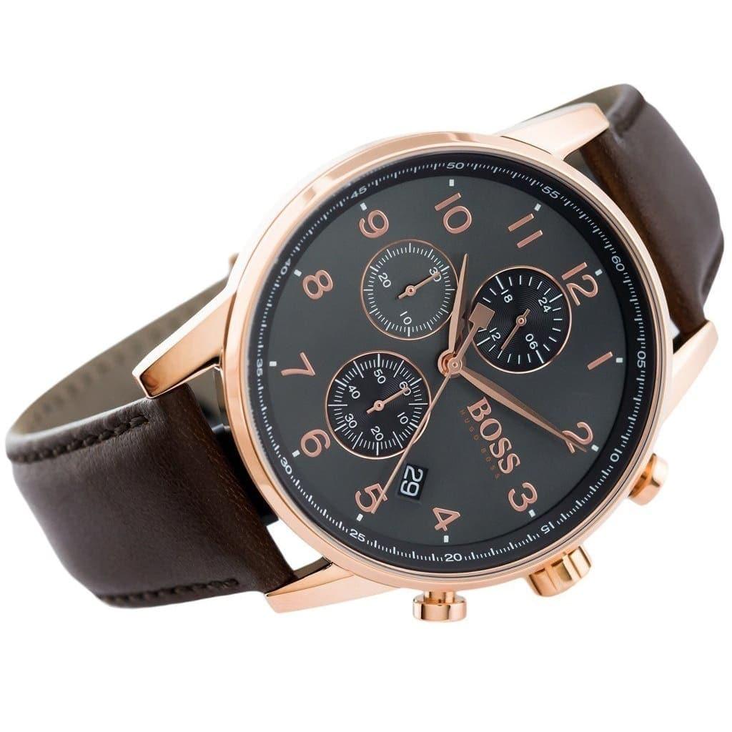 Hugo Boss Navigator Chronograph Grey Dial Brown Leather Strap Watch for Men - 1513496