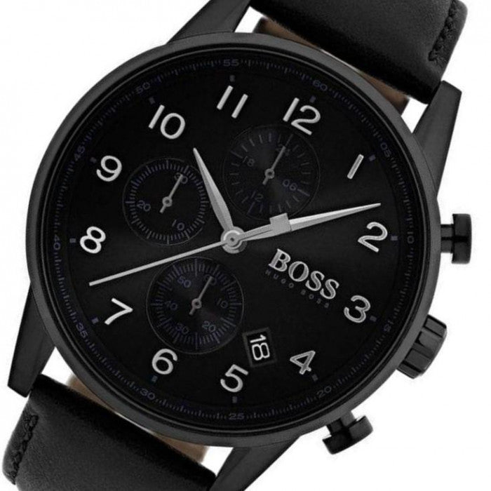 Hugo Boss Navigator Chronograph Black Dial Black Leather Strap Watch for Men - 1513497