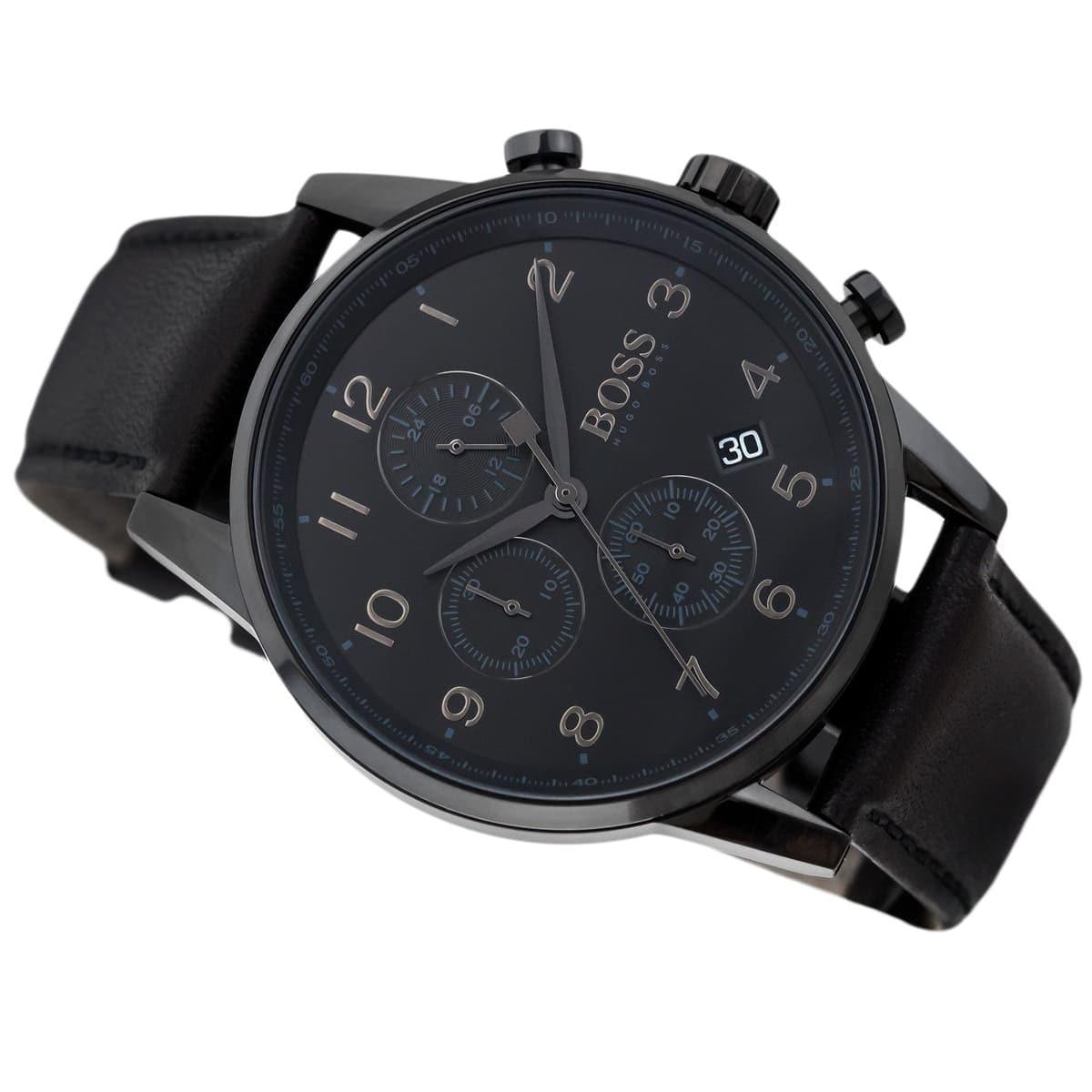 Hugo Boss Navigator Chronograph Black Dial Black Leather Strap Watch for Men - 1513497