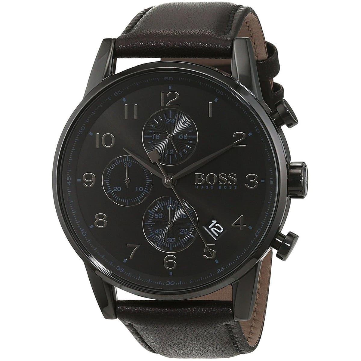 Hugo Boss Navigator Chronograph Black Dial Black Leather Strap Watch for Men - 1513497