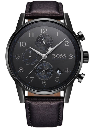 Hugo Boss Navigator Chronograph Black Dial Black Leather Strap Watch for Men - 1513497