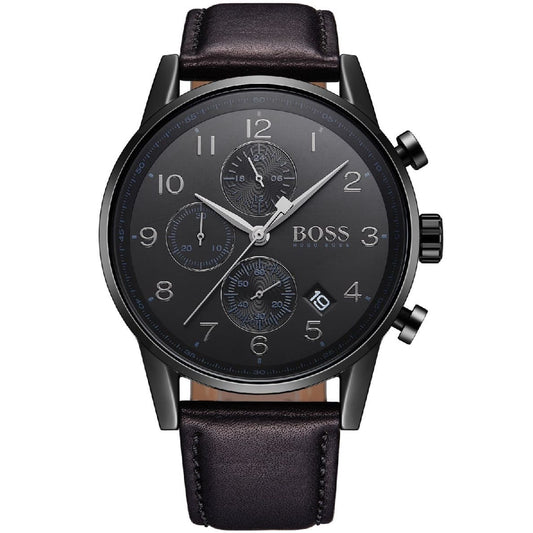 Hugo Boss Navigator Black Dial Black Leather Strap Watch for Men - 1513497