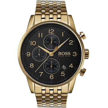 Hugo Boss Navigator Black Dial Gold Steel Strap Watch for Men - 1513531