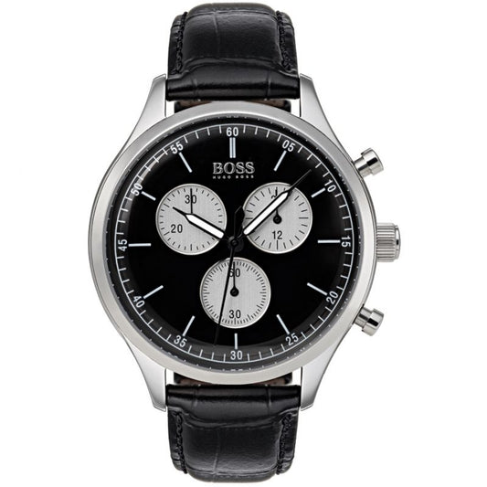 Hugo Boss Companion Black Dial Black Leather Strap Watch for Men - 1513543