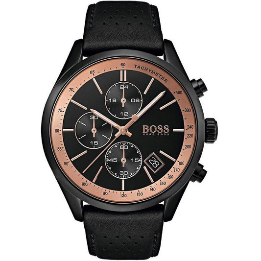 Hugo Boss Grand Prix Chronograph Black Dial Black Leather Strap Watch for Men - 1513550