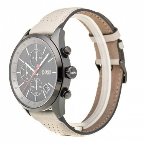 Hugo Boss Grand Prix Chronograph Black Dial Grey Leather Strap Watch for Men - 1513562