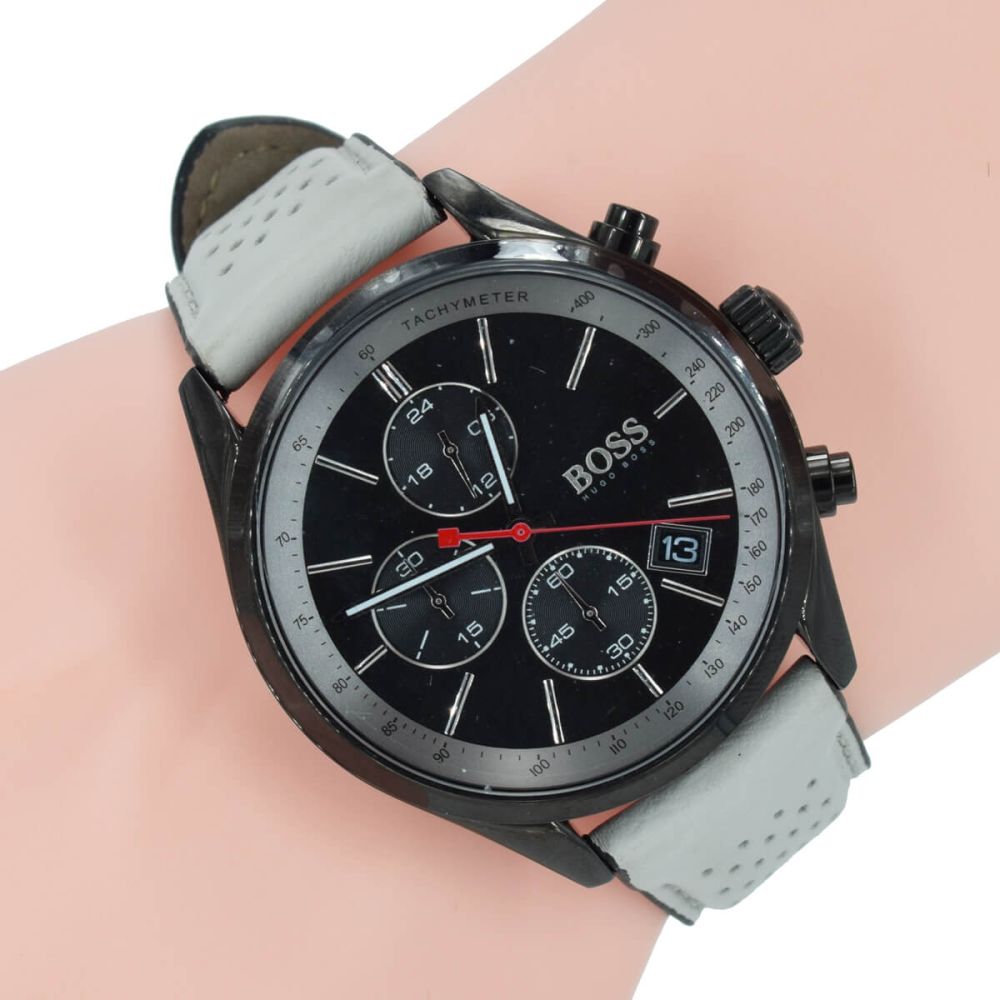 Hugo Boss Grand Prix Chronograph Black Dial Grey Leather Strap Watch for Men - 1513562