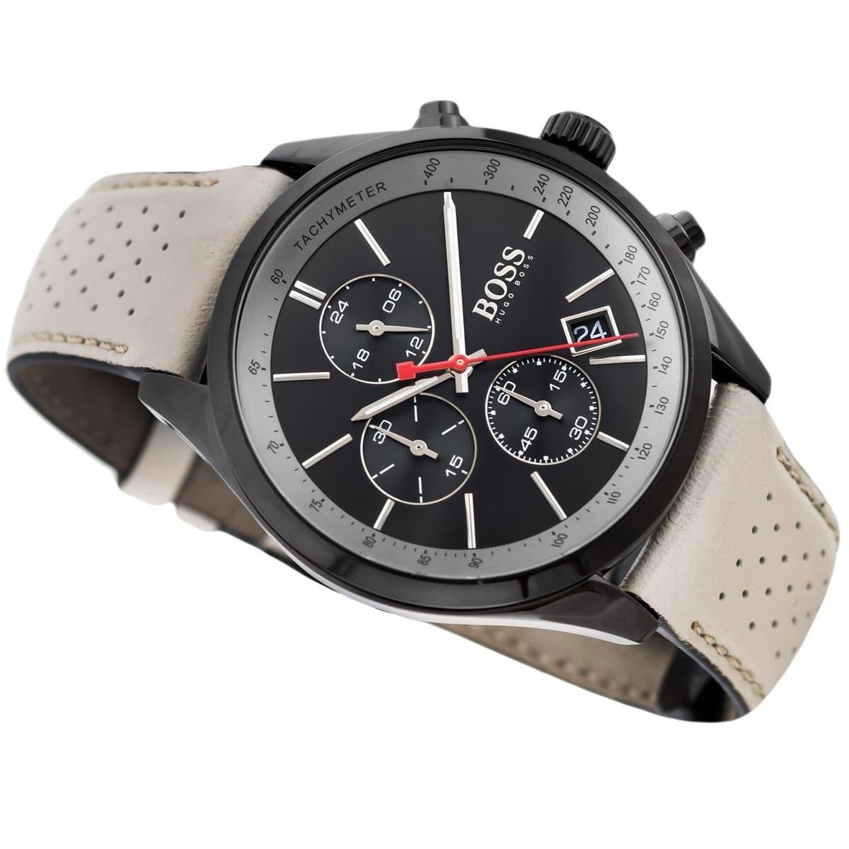 Hugo Boss Grand Prix Chronograph Black Dial Grey Leather Strap Watch for Men - 1513562