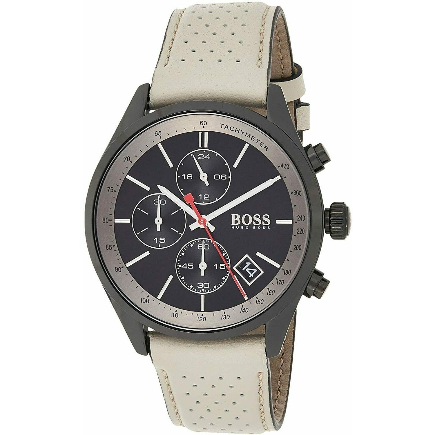 Hugo Boss Grand Prix Chronograph Black Dial Grey Leather Strap Watch for Men - 1513562