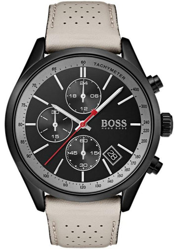 Hugo Boss Grand Prix Chronograph Black Dial Grey Leather Strap Watch for Men - 1513562