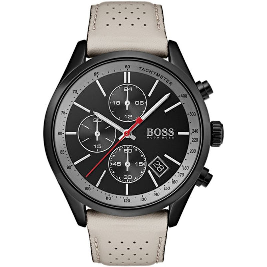 Hugo Boss Grand Prix Chronograph Black Dial Grey Leather Strap Watch for Men - 1513562