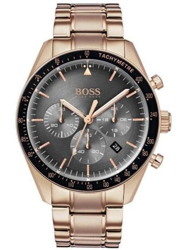 Hugo Boss Trophy Chronograph Grey Dial Rose Gold Steel Strap Watch for Men - 1513632