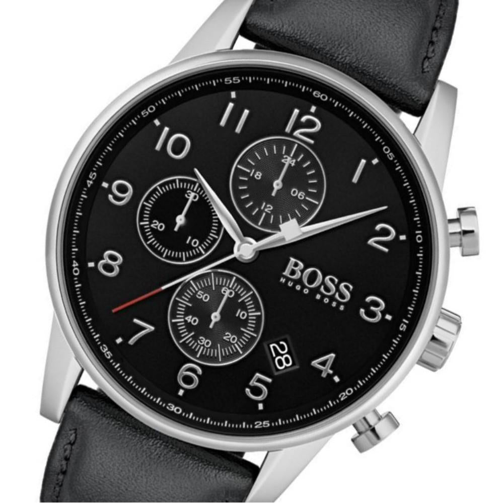 Hugo Boss Navigator Black Dial Black Leather Strap Watch for Men - 1513678