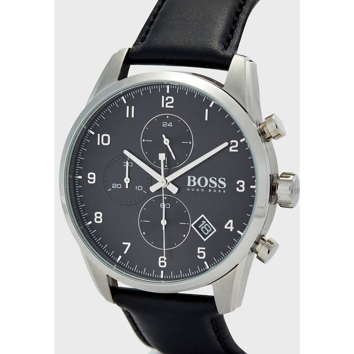 Hugo Boss Skymaster Chronograph Black Dial Black Leather Strap Watch for Men - 1513782