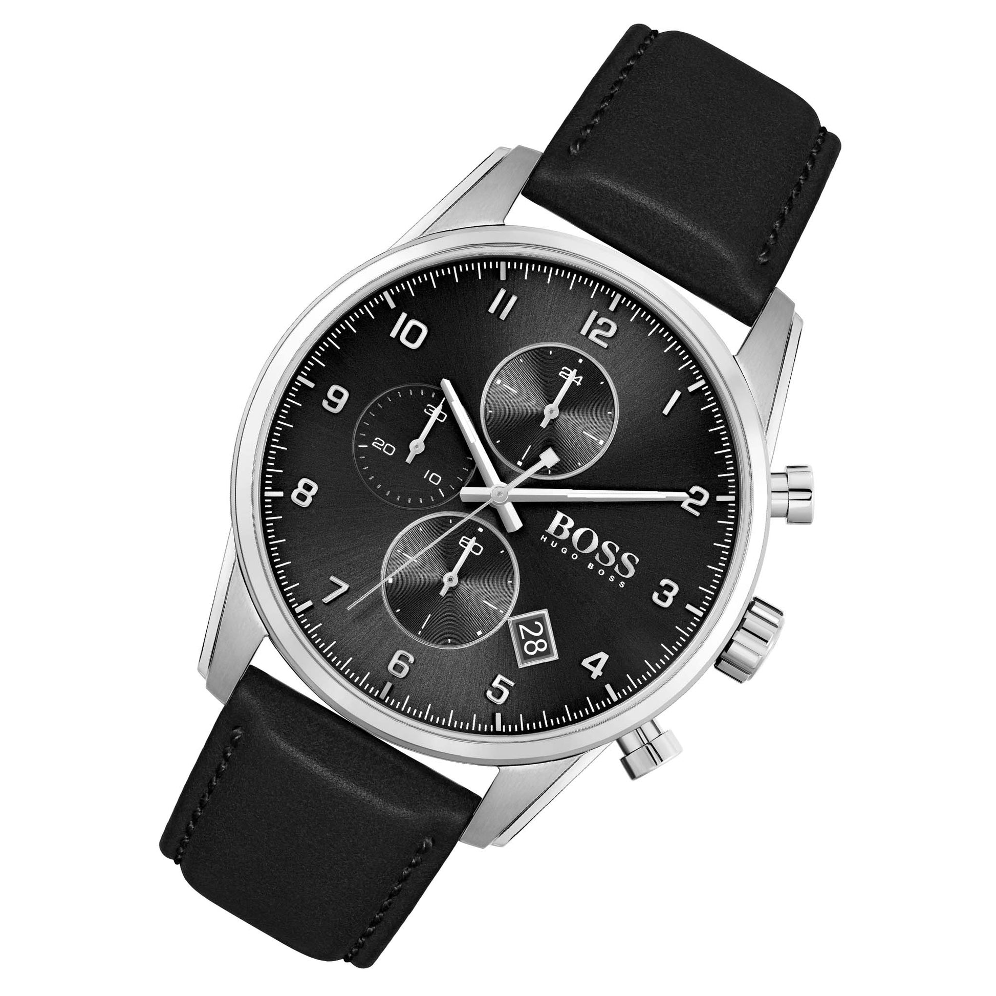 Hugo Boss Skymaster Chronograph Black Dial Black Leather Strap Watch for Men - 1513782