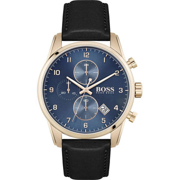 Hugo Boss Skymaster Chronograph Blue Dial Black Leather Strap Watch for Men - 1513783