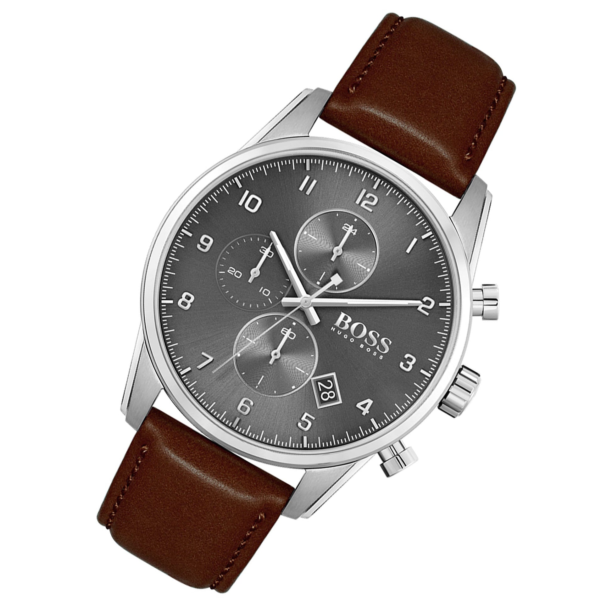 Hugo Boss Skymaster Grey Dial Brown Leather Strap Watch for Men - 1513787