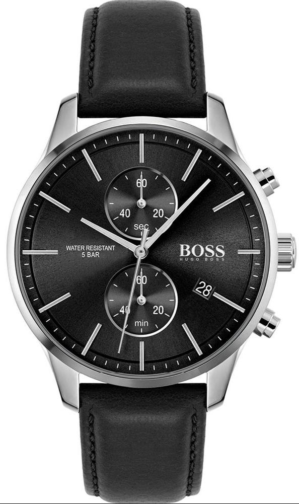 Hugo Boss Skymaster Chronograph Black Dial Black Leather Strap Watch for Men - 1513782