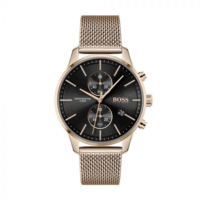 Hugo Boss Associate Black Dial Rose Gold Mesh Bracelet Watch for Men - 1513806