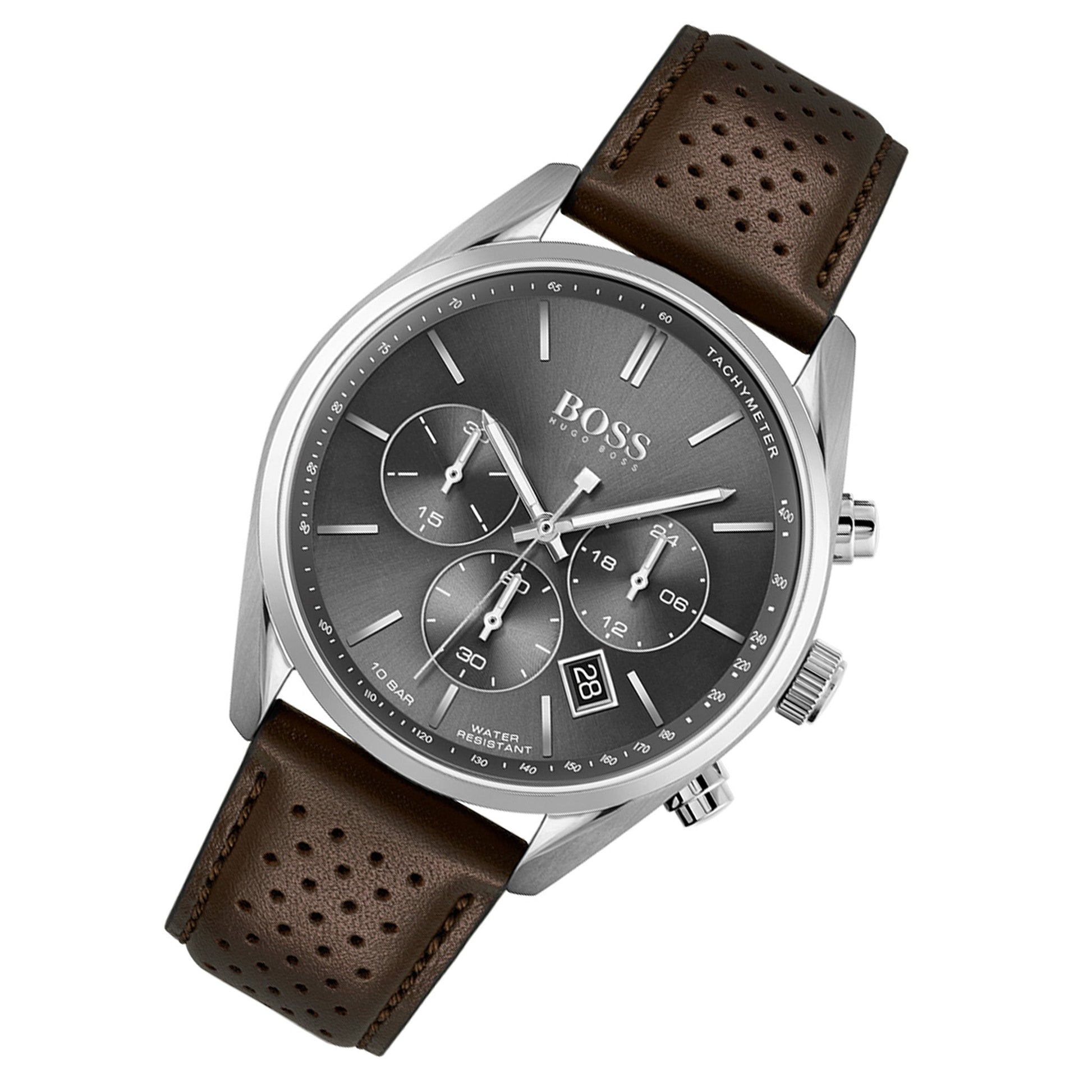 Hugo Boss Champion Chronograph Grey Dial Brown Leather Strap Watch for Men - 1513815